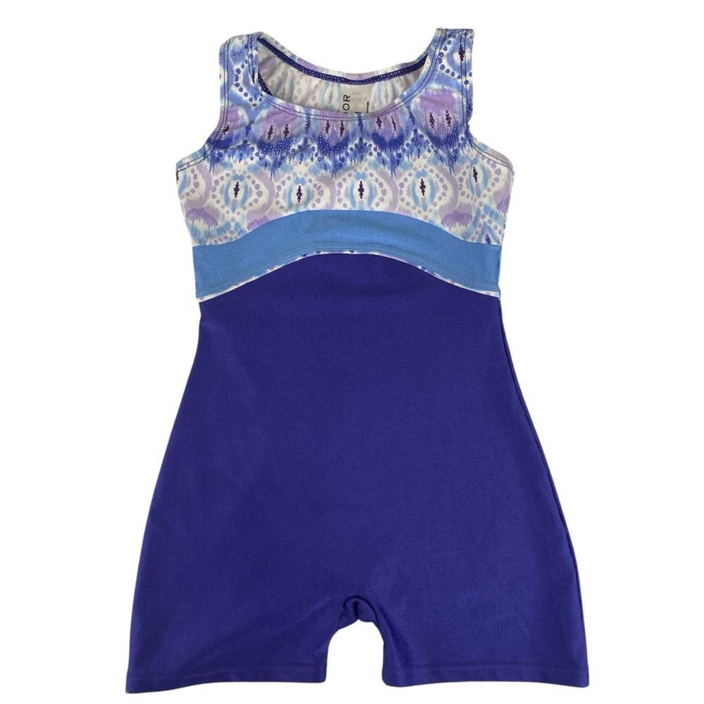Mondor Kids Purple Bubbles Gymnastics Biketard Leotard and Scrunchie Size 6x-7